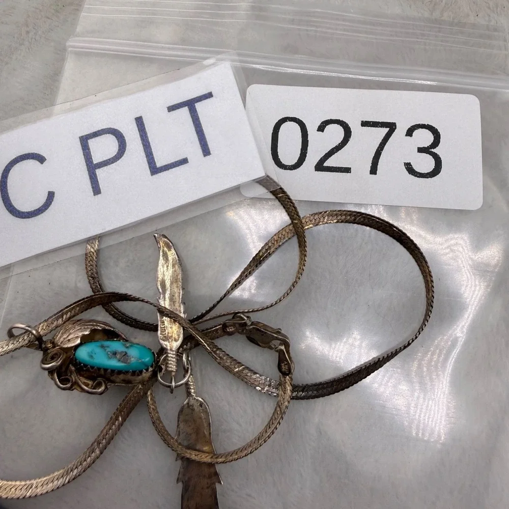 Sterling Silver‎ Necklace Turquoise Feathers Signed FA 19